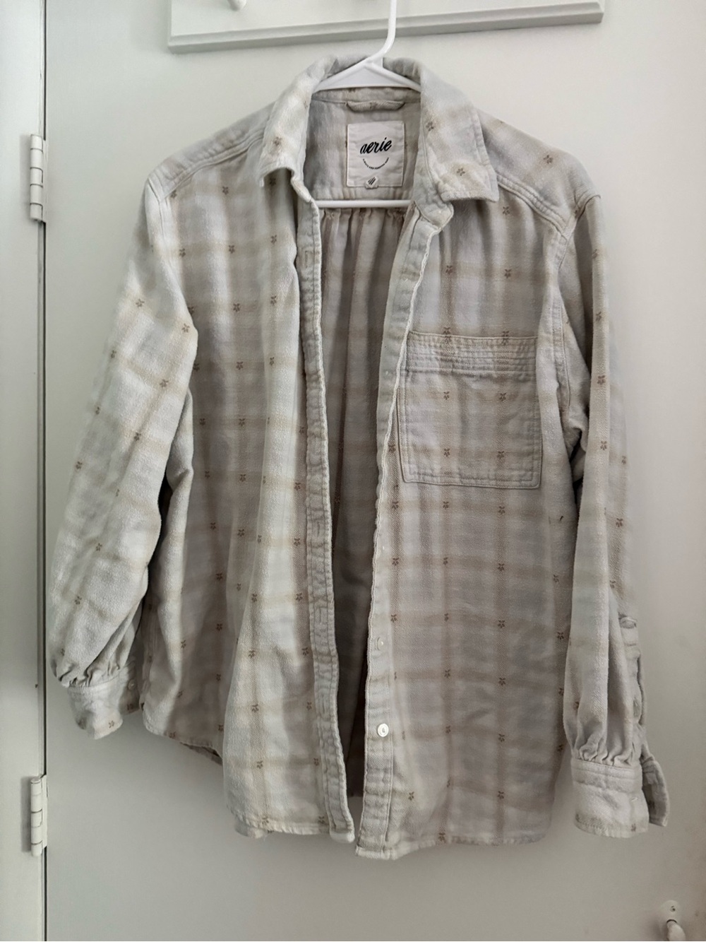 aerie Women’s Plaid Anytime Fave Flannel Button Down in Muslin